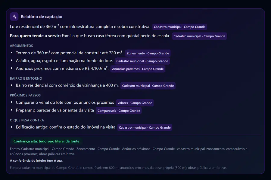 Relatório de captação do lote: argumentos, bairro e entorno, próximos passos e o que pesa contra, cada item com a fonte