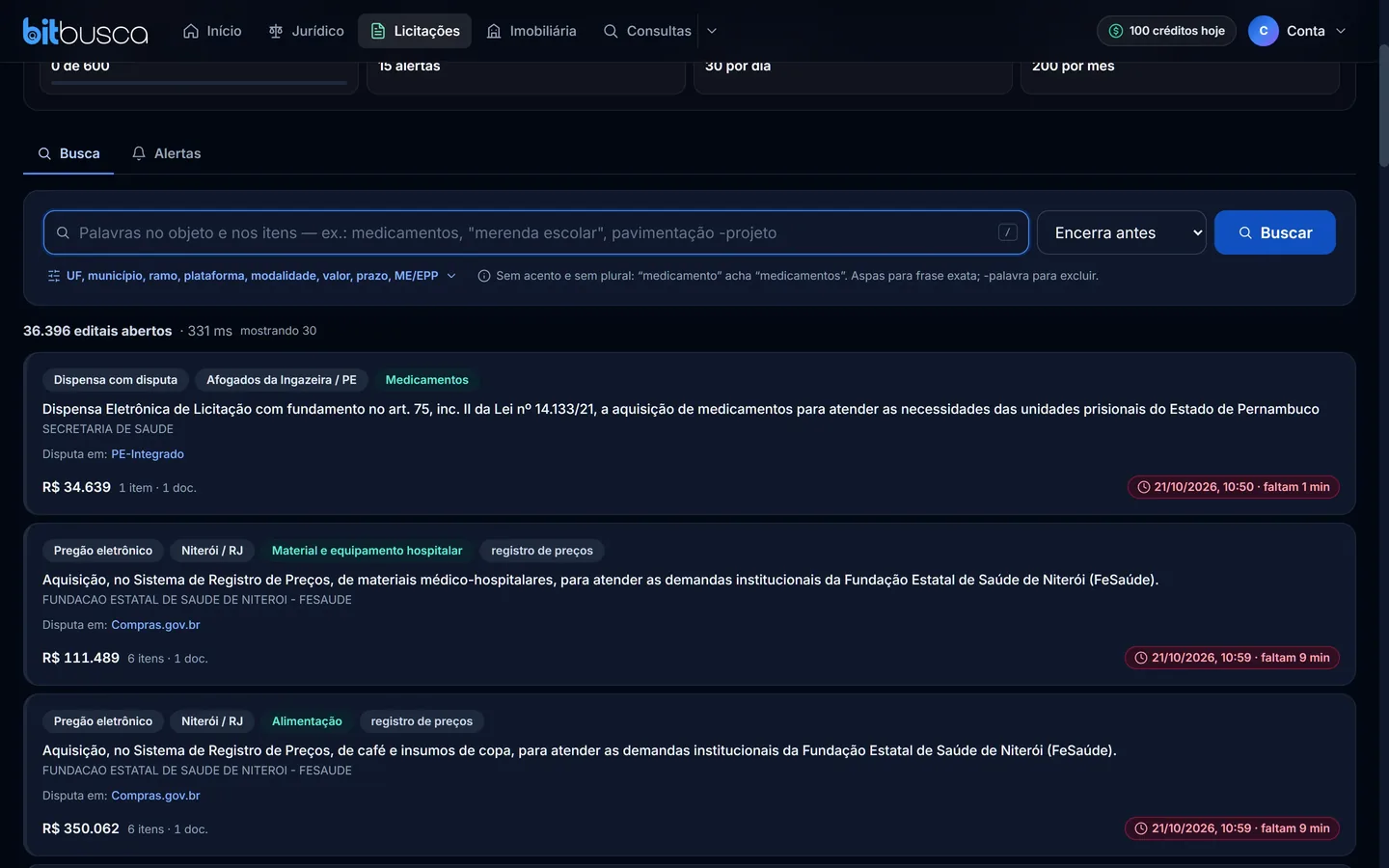Busca de Licitações com editais abertos de órgãos públicos, valor estimado e prazo de proposta